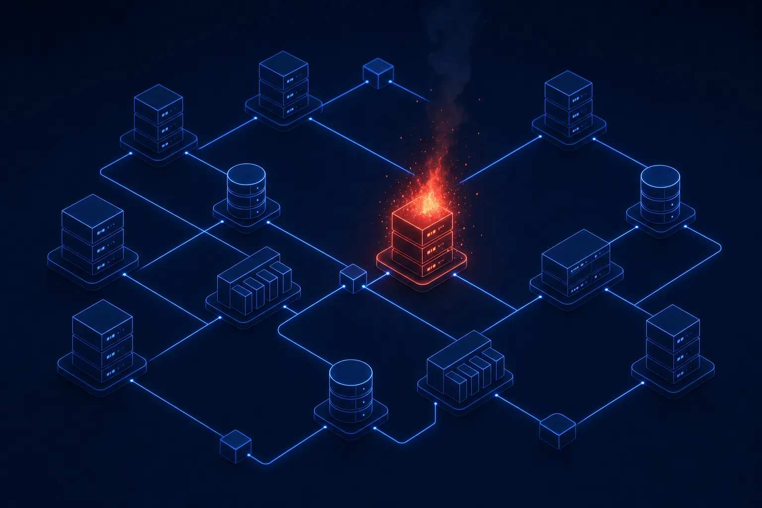 Wireframe distributed system topology with one node on fire, the kind of incident candidates practice on